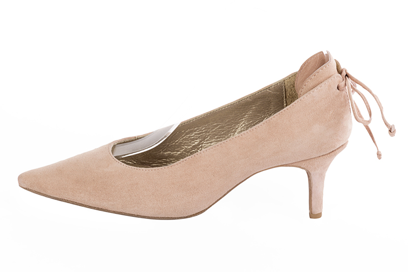 Powder pink women's dress pumps, with a round neckline. Pointed toe. Medium slim heel. Profile view - Florence KOOIJMAN